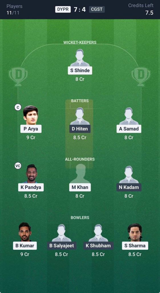 dream 11 team for DYPR vs CGST Patil cup match dream 11 team for DYPR vs CGST Patil cup match