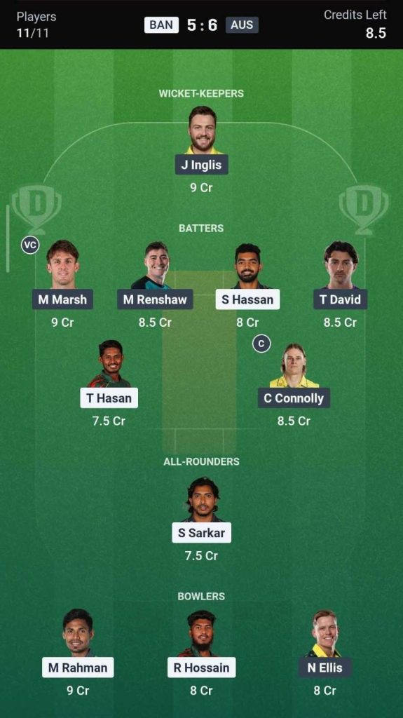 Dream11 Team For BAN vs AUS, 2nd T20I Dream11 Team For BAN vs AUS, 2nd T20I