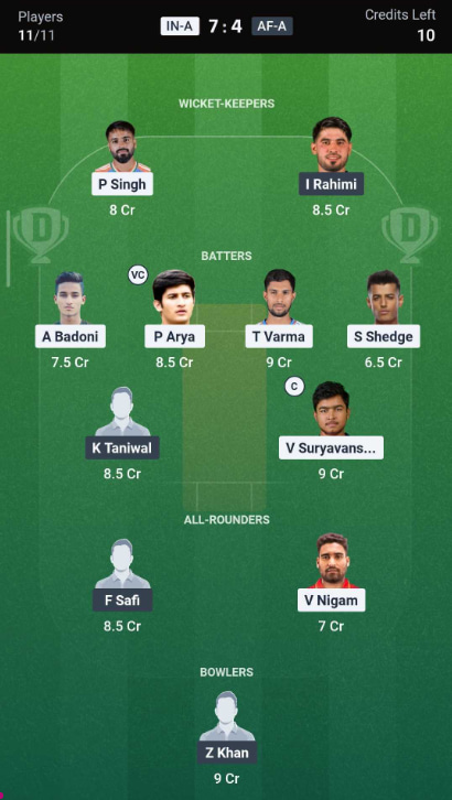 Dream11 Team For IN-A vs AF-A Match 2 Dream11 Team For IN-A vs AF-A Match 2