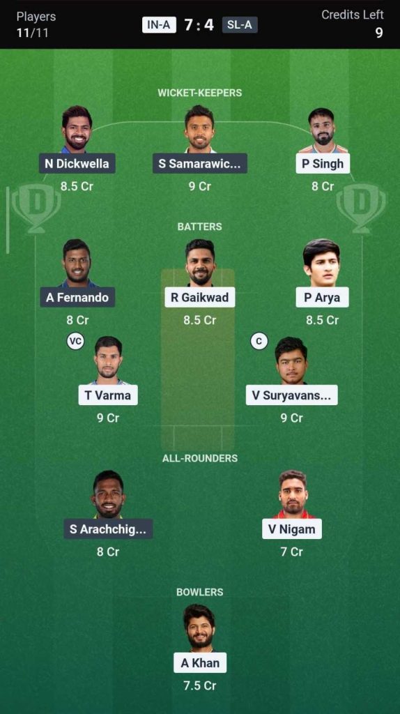 Dream11 Team For SL-A vs IN-A Match 4 Dream11 Team For SL-A vs IN-A Match 4