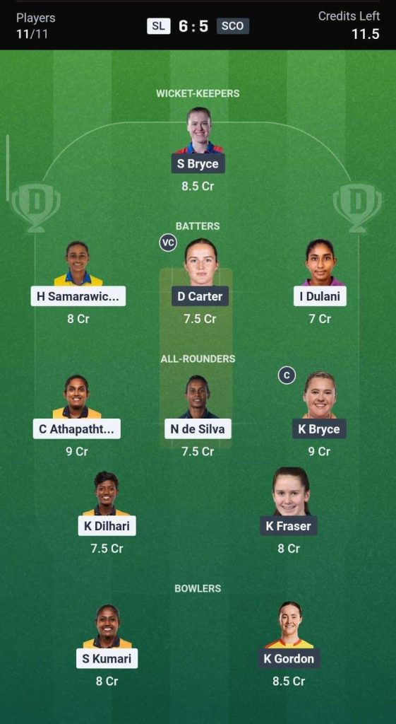 Dream11 Team For SL-W vs SCO-W Dream11 Team For SL-W vs SCO-W