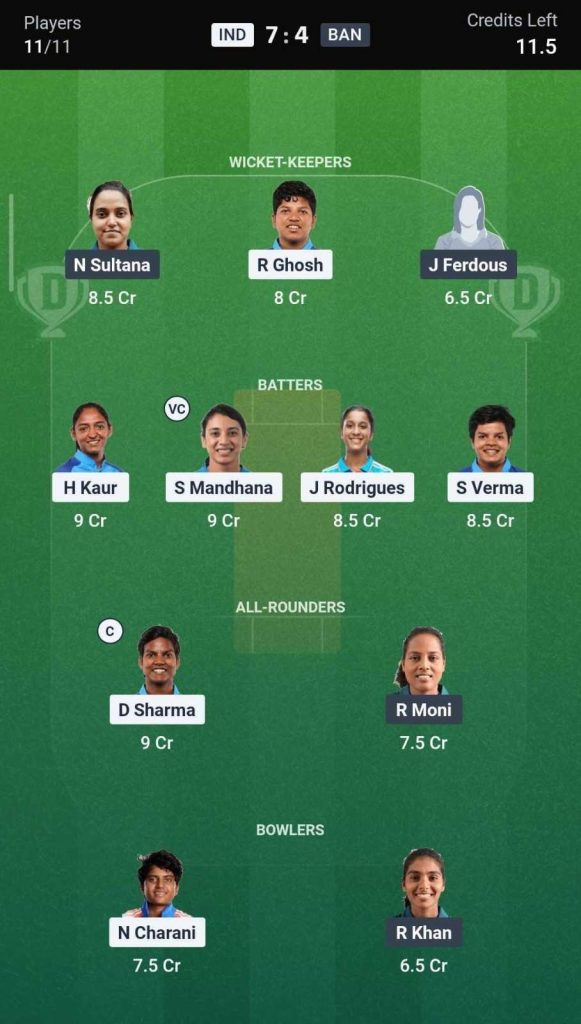 Dream11 Team for IND-W vs BAN-W Dream11 Team for IND-W vs BAN-W