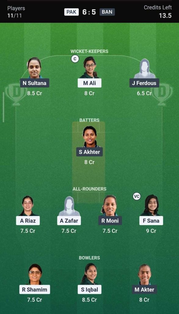 Dream11 Team for PAK-W vs BAN-W Dream11 Team for PAK-W vs BAN-W
