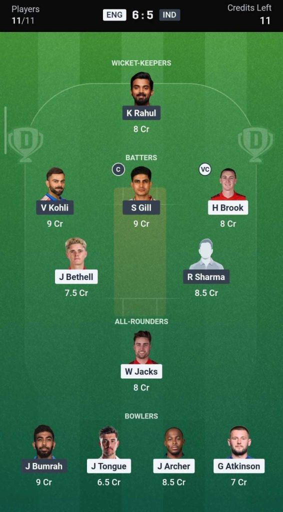 Dream11 Team For ENG vs IND Dream11 Team For ENG vs IND