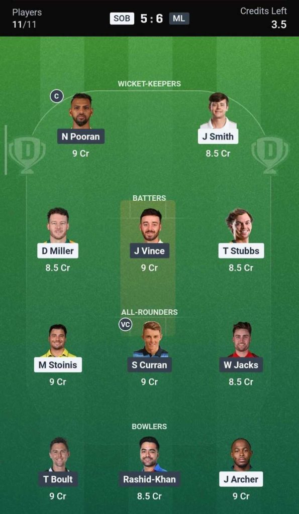 Dream11 Team For SOB vs ML, 9th Match Dream11 Team For SOB vs ML, 9th Match