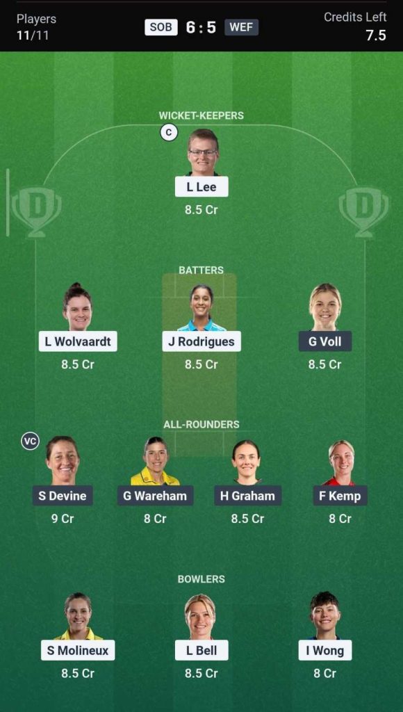 Dream11 Team For SOB vs WEF Dream11 Team For SOB vs WEF