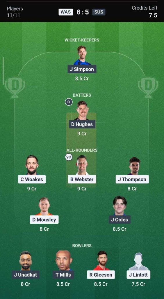 Dream11 Team For WAS vs SUS Dream11 Team For WAS vs SUS