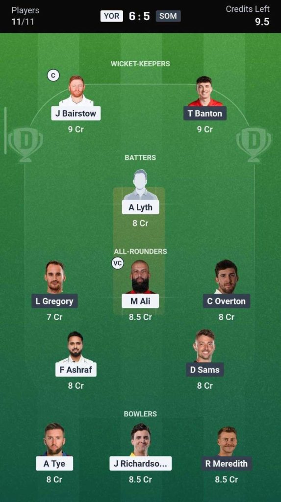 Dream11 Team For YOR vs SOM Dream11 Team For YOR vs SOM