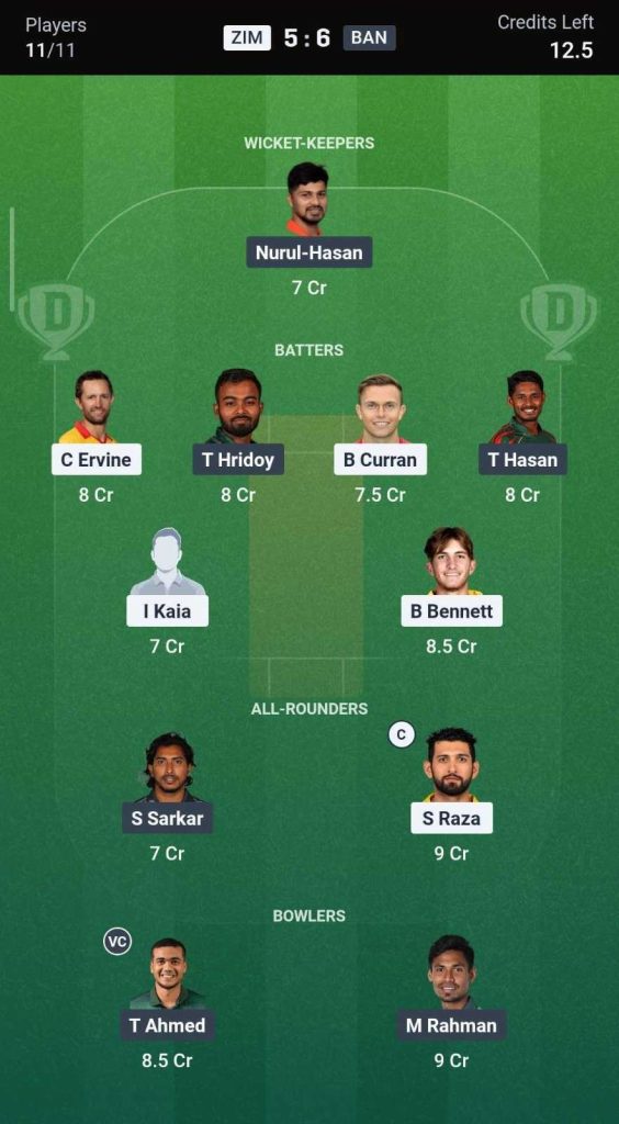 Dream11 Team For ZIM vs BAN Dream11 Team For ZIM vs BAN