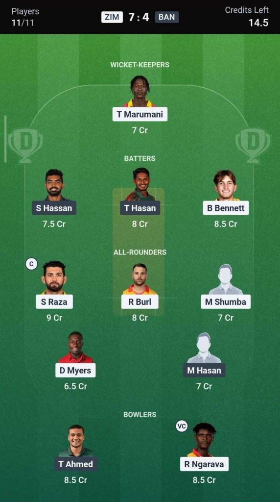 Dream11 Team For ZIM vs BAN Dream11 Team For ZIM vs BAN