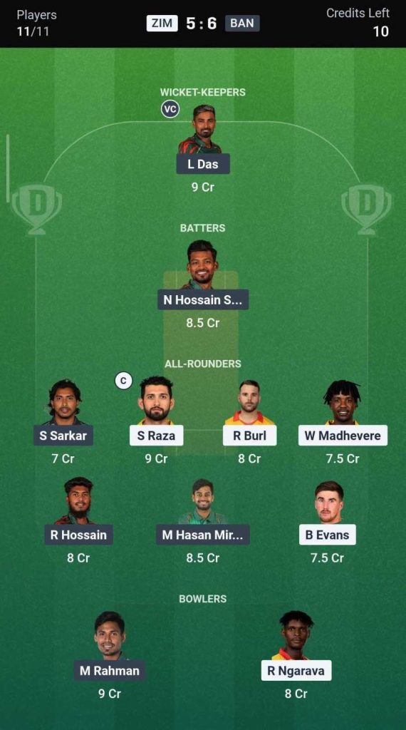 Dream11 Team For ZIM vs BAN Dream11 Team For ZIM vs BAN