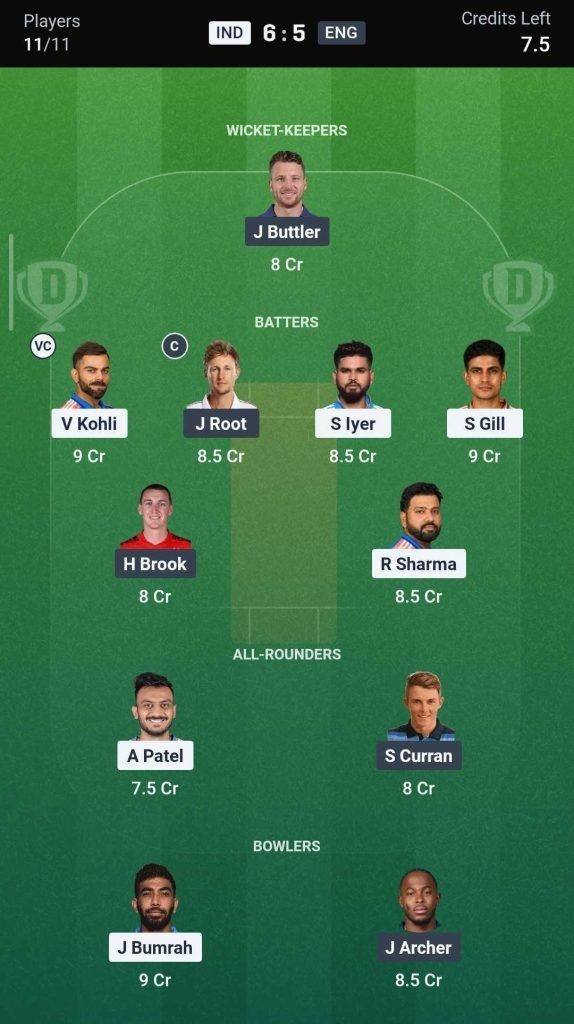 Dream11 Team for ENG vs IND Dream11 Team for ENG vs IND