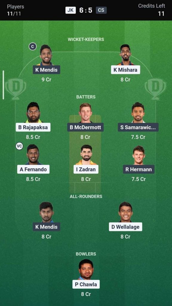 Dream11 Team for JK vs CS Dream11 Team for JK vs CS