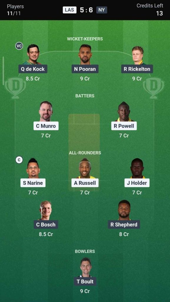 Dream11 Team for LAKR vs MI NY Dream11 Team for LAKR vs MI NY