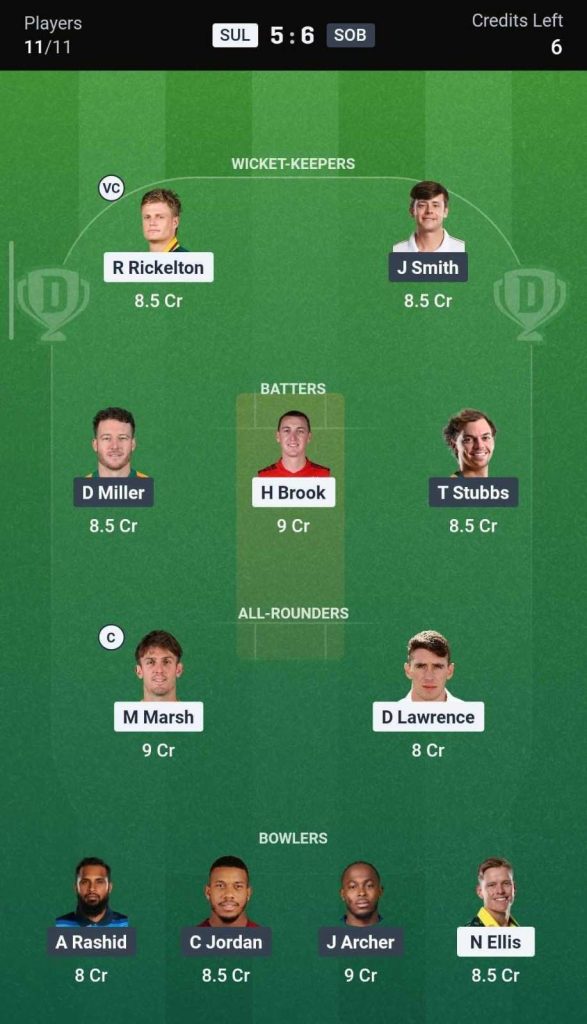 Dream11 Team for SUL vs SOB Dream11 Team for SUL vs SOB