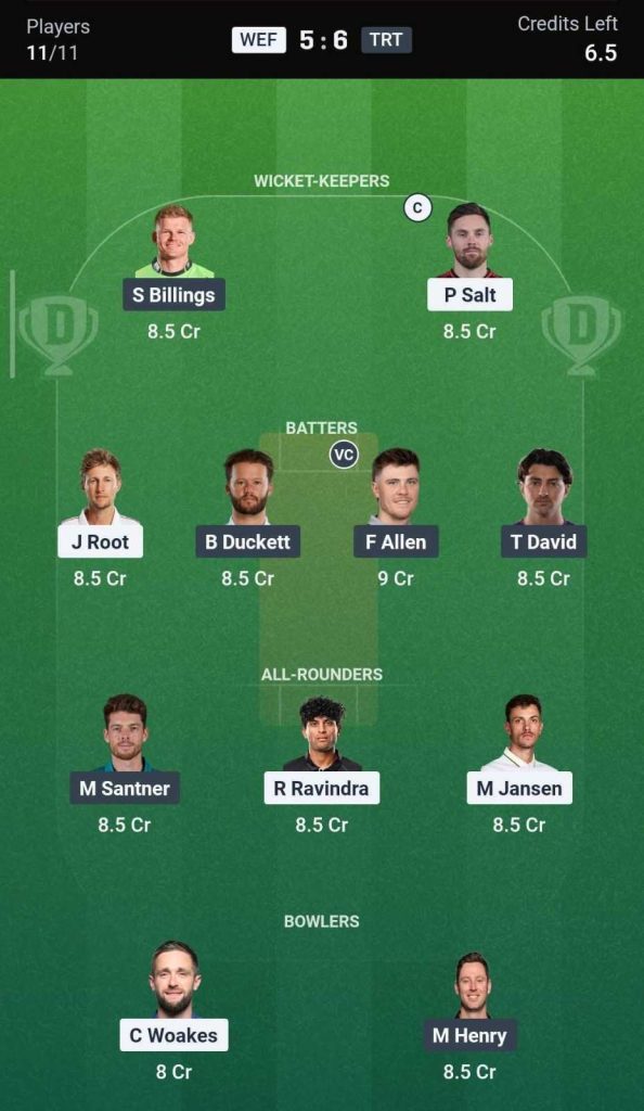Dream11 Team for WEF vs TRT Dream11 Team for WEF vs TRT