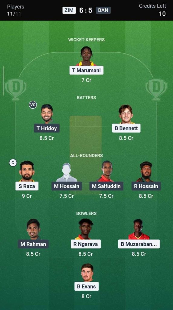 Dream11 Team for ZIM vs BAN, 1st T20I Dream11 Team for ZIM vs BAN, 1st T20I
