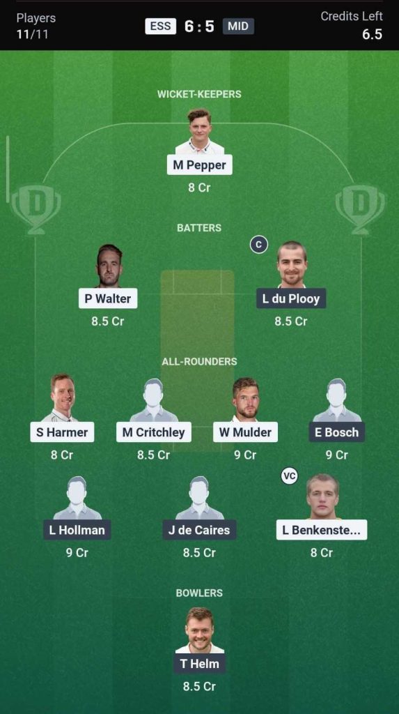 Dream11 Team for ESS vs MID Dream11 Team for ESS vs MID
