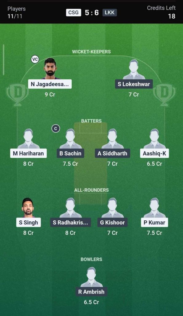 Dream11 Team for CSG vs LKK, 21st Match Dream11 Team for CSG vs LKK, 21st Match