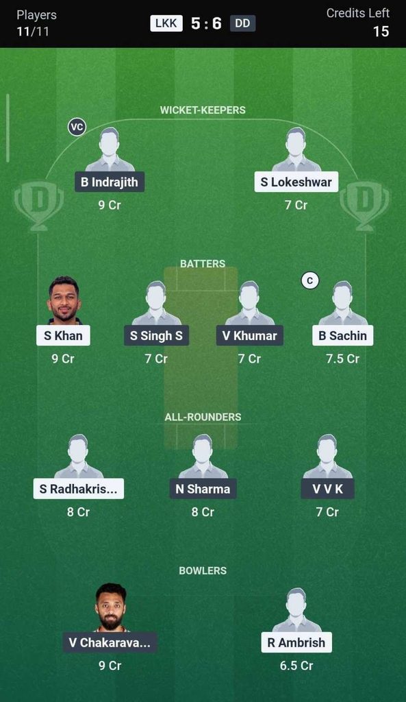 Dream11 Team for LKK vs DD, 25th Match