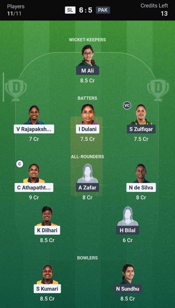 Dream11 Team for SL-W vs PAK-W, 2nd T20I