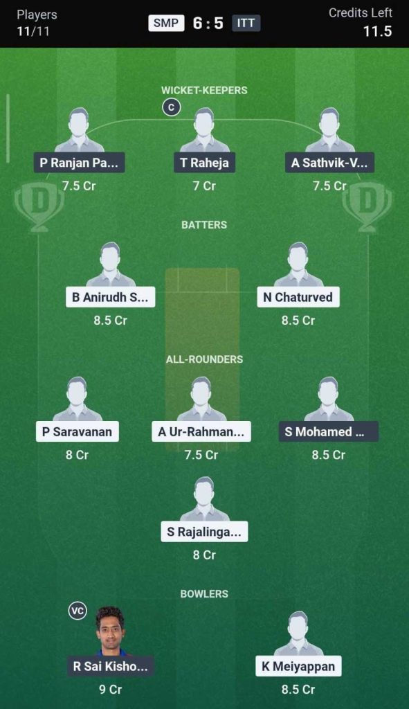 Dream11 Team for SMP vs ITT, 23rd Match Dream11 Team for SMP vs ITT, 23rd Match