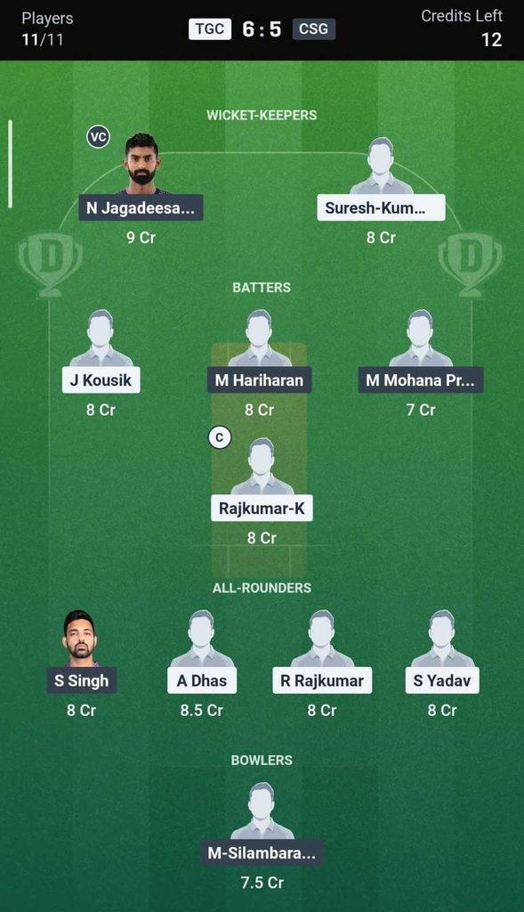Dream11 Team for TGC vs CSG, 26th Match