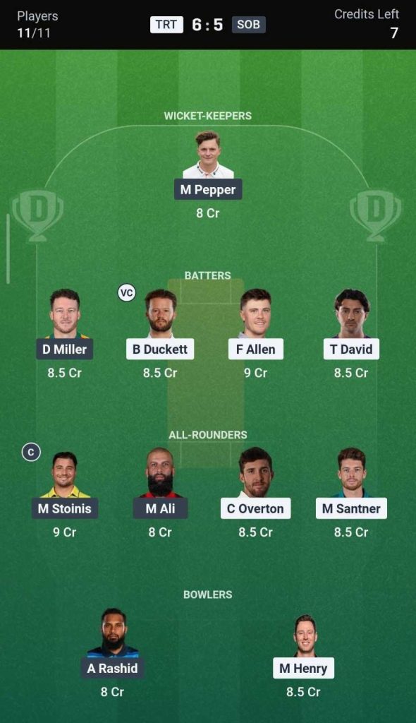 Dream11 Team for TRT vs SOB, 29th Match Dream11 Team for TRT vs SOB, 29th Match
